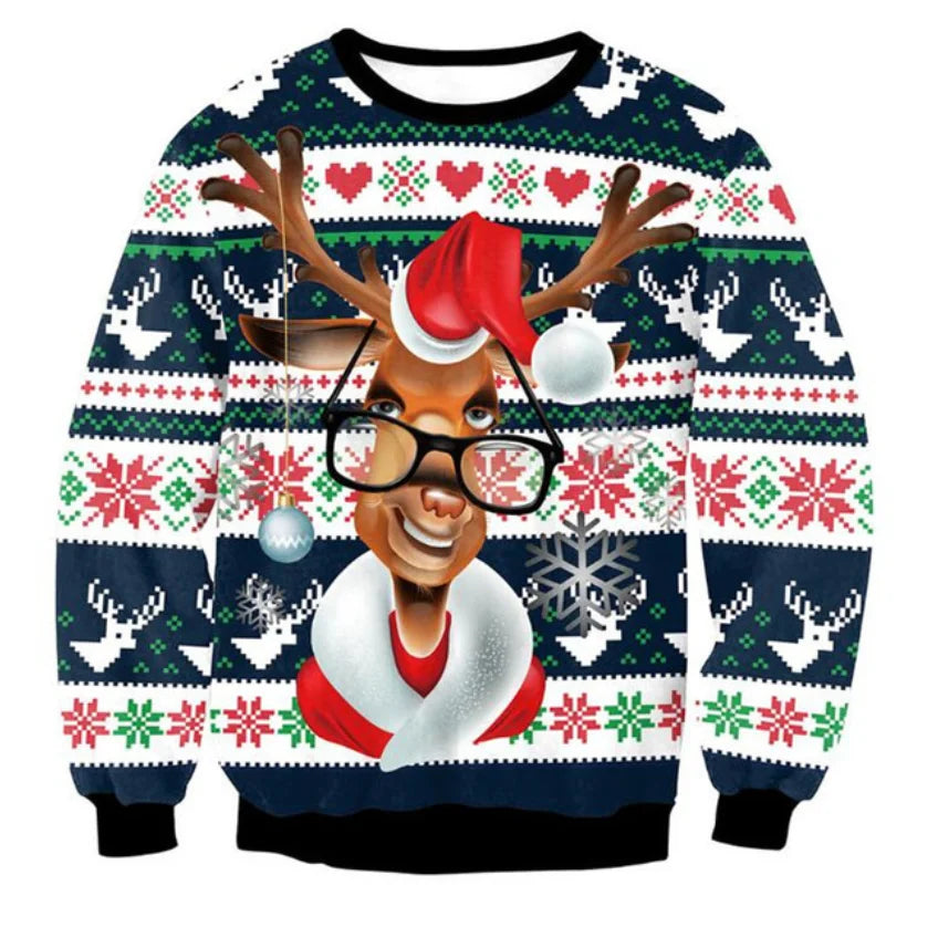 Festive sweater featuring a cartoon reindeer with glasses, a Santa hat, and scarf, surrounded by snowflakes and holiday patterns in red, green, and white on a dark background.