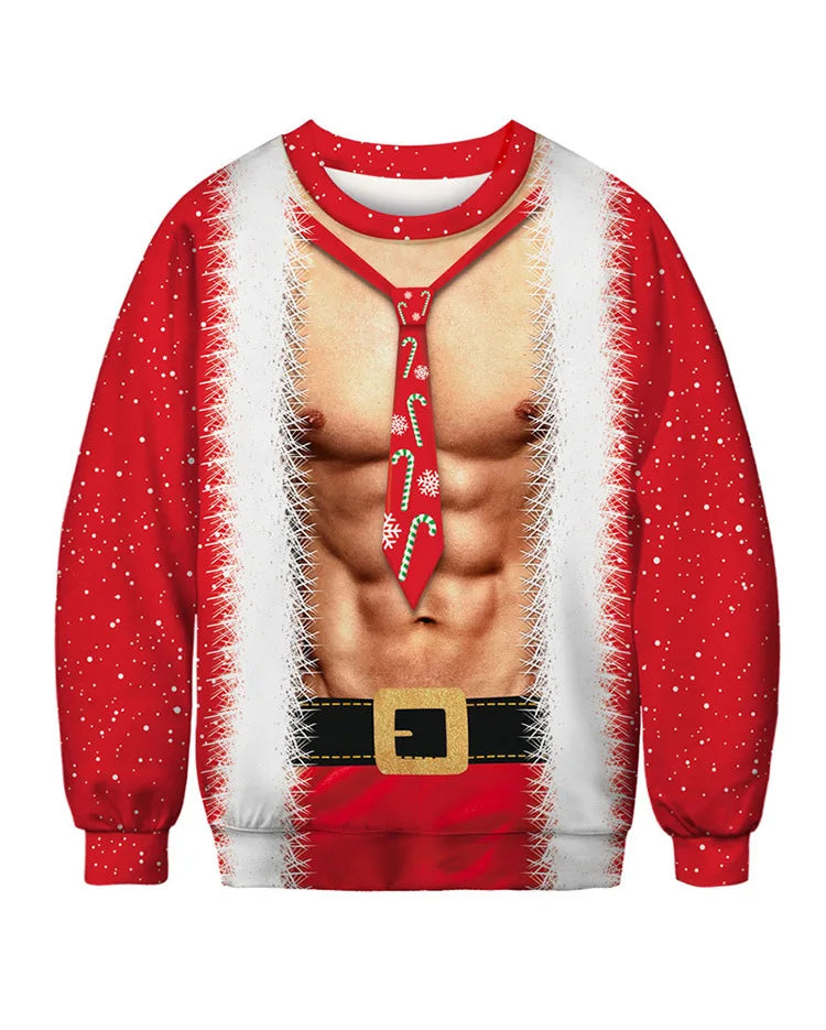 Novelty Christmas sweater with a print of a muscular torso, red tie with candy canes, and Santa suit details, including a belt and red fabric with white snowflakes.