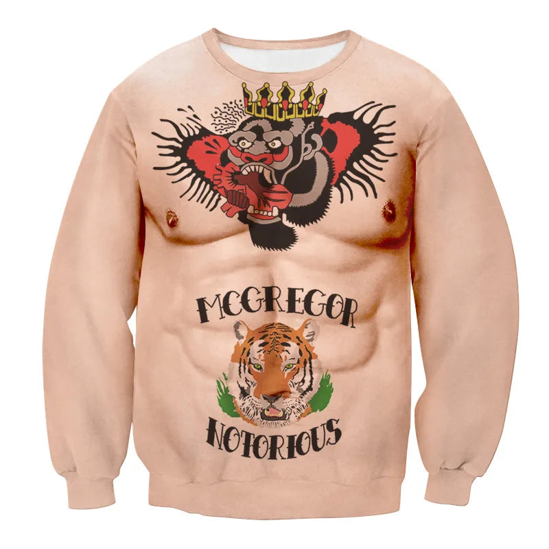 Beige sweatshirt with a muscular torso design, featuring a crowned gorilla, tiger illustration, and the words "McGregor Notorious" on the front.