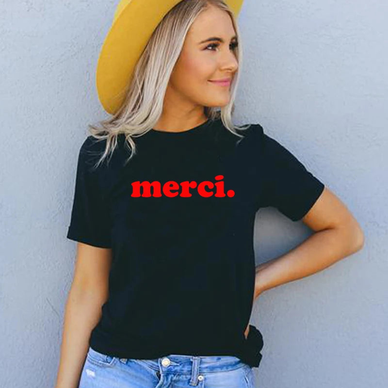 French Merci Letter Print Women's T-Shirt