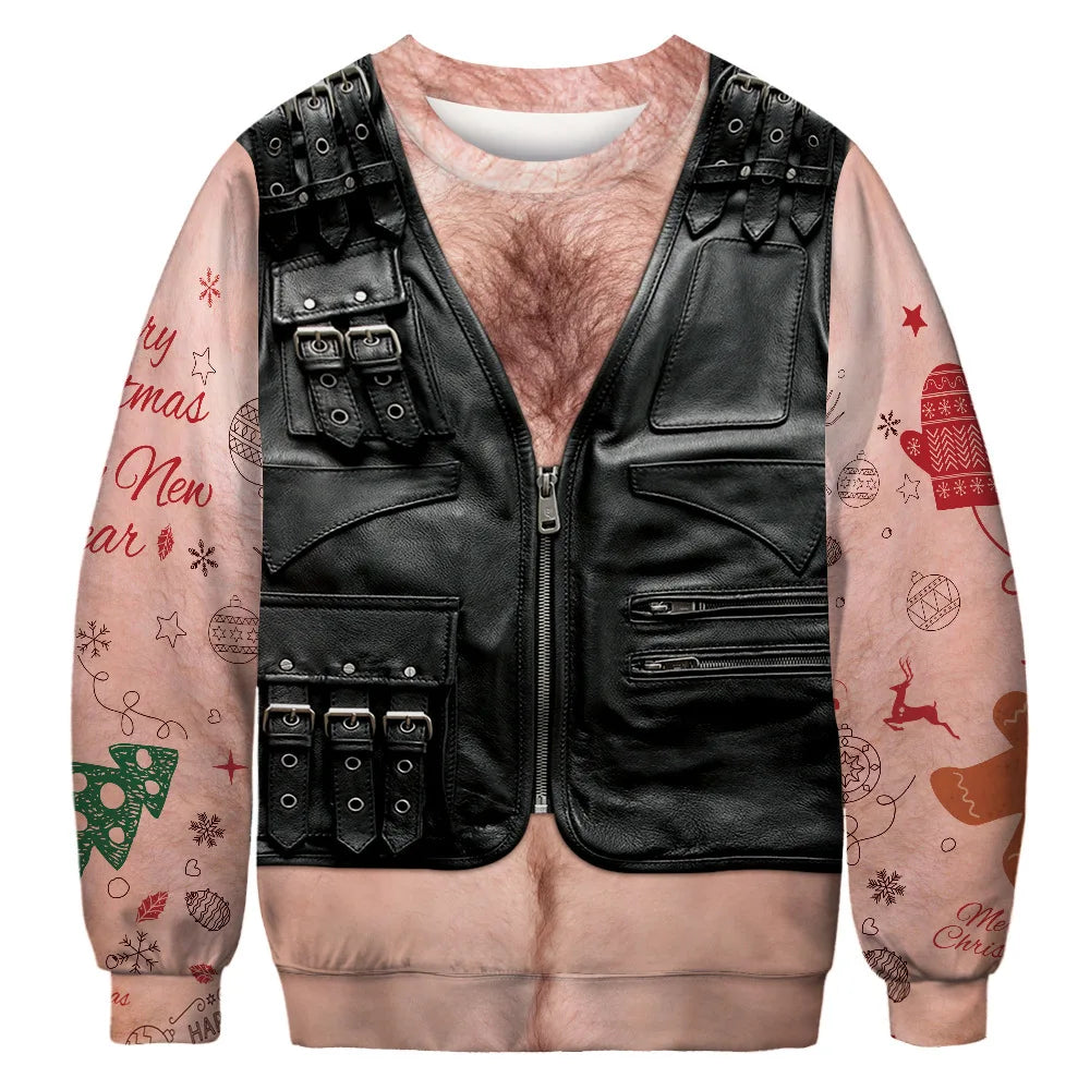 Sweater designed to resemble a hairy chest with black leather vest over a holiday-themed background, featuring Christmas trees, gingerbread men, and festive text on sleeves.