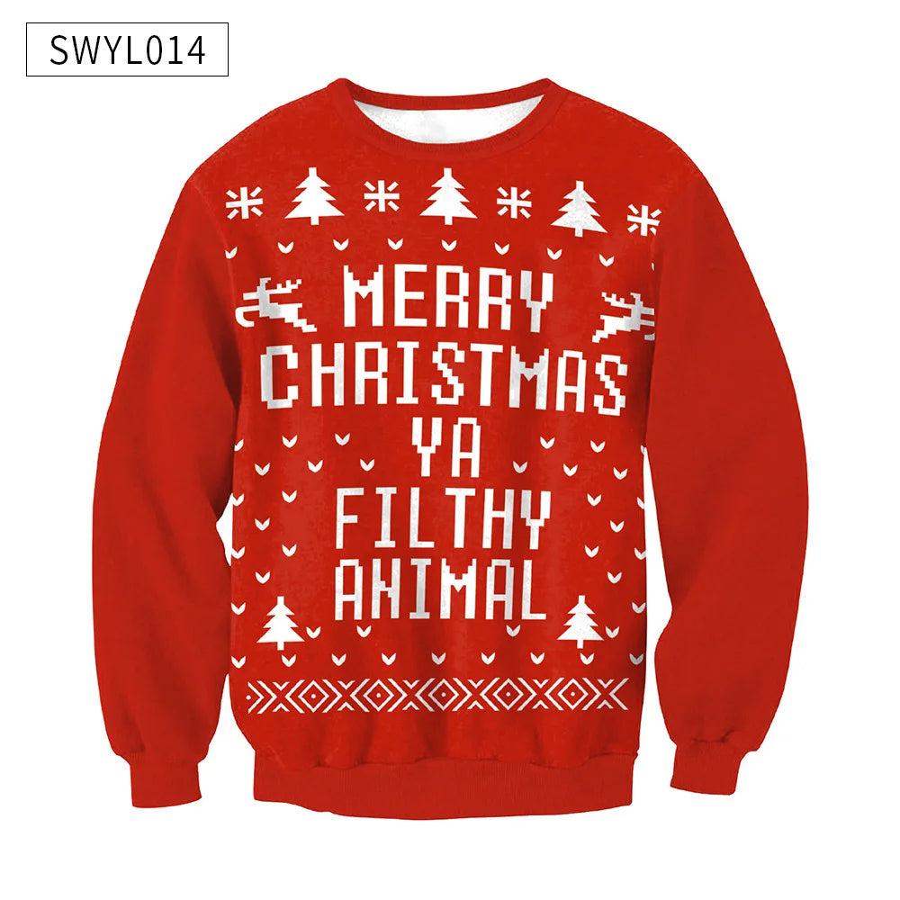 Red Christmas sweater with white text: "Merry Christmas Ya Filthy Animal," surrounded by snowflakes, trees, and reindeer patterns. Upper left reads "SWYL014".