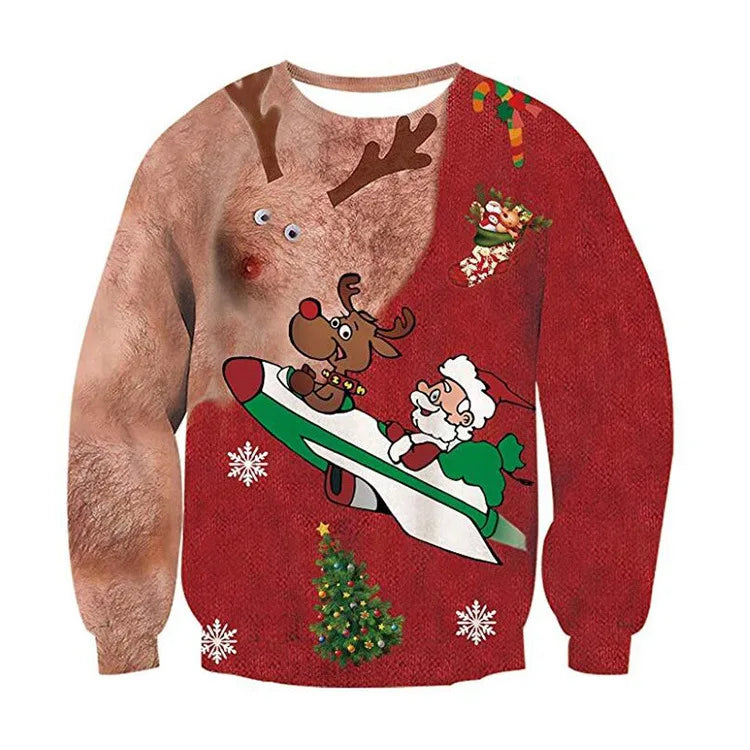 Ugly Christmas sweater with a hairy chest design, featuring googly eyes, reindeer antlers, Santa and reindeer on a rocket, and festive decorations like stockings and a Christmas tree.