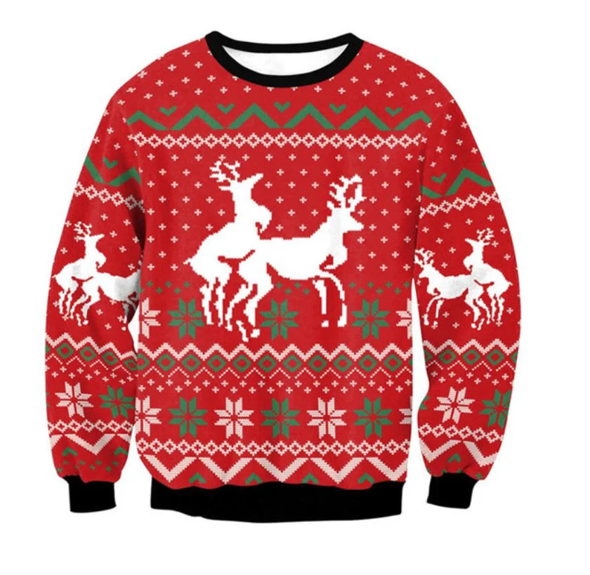 Red Christmas sweater featuring white reindeer and snowflake patterns, accented with green and black details, creating a festive holiday look.