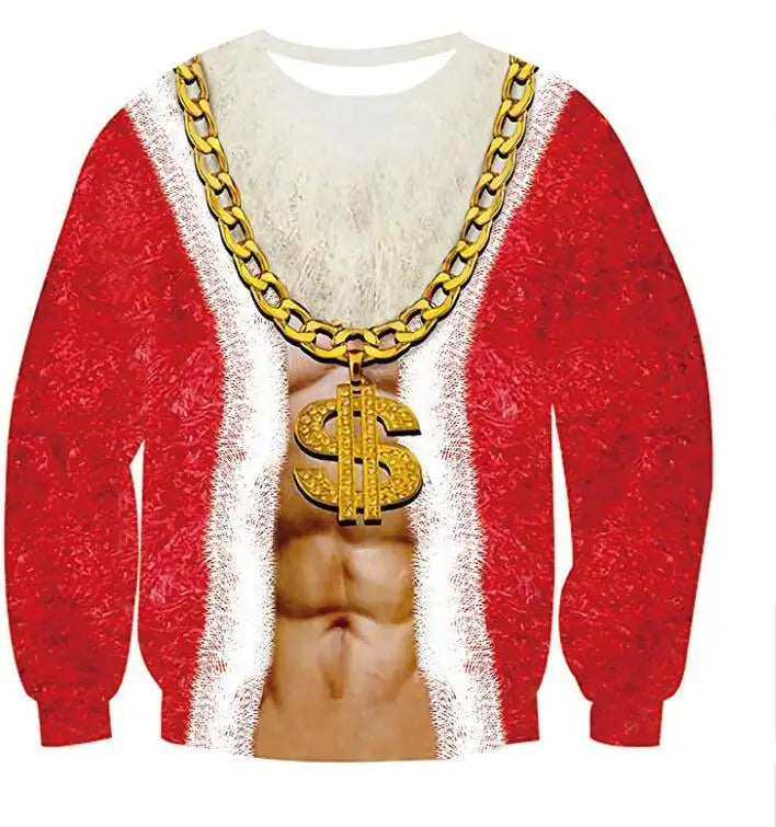 Red sweater printed to look like a muscular Santa suit, featuring a furry chest, gold chain, and large dollar sign pendant, simulating an open coat with abs underneath.