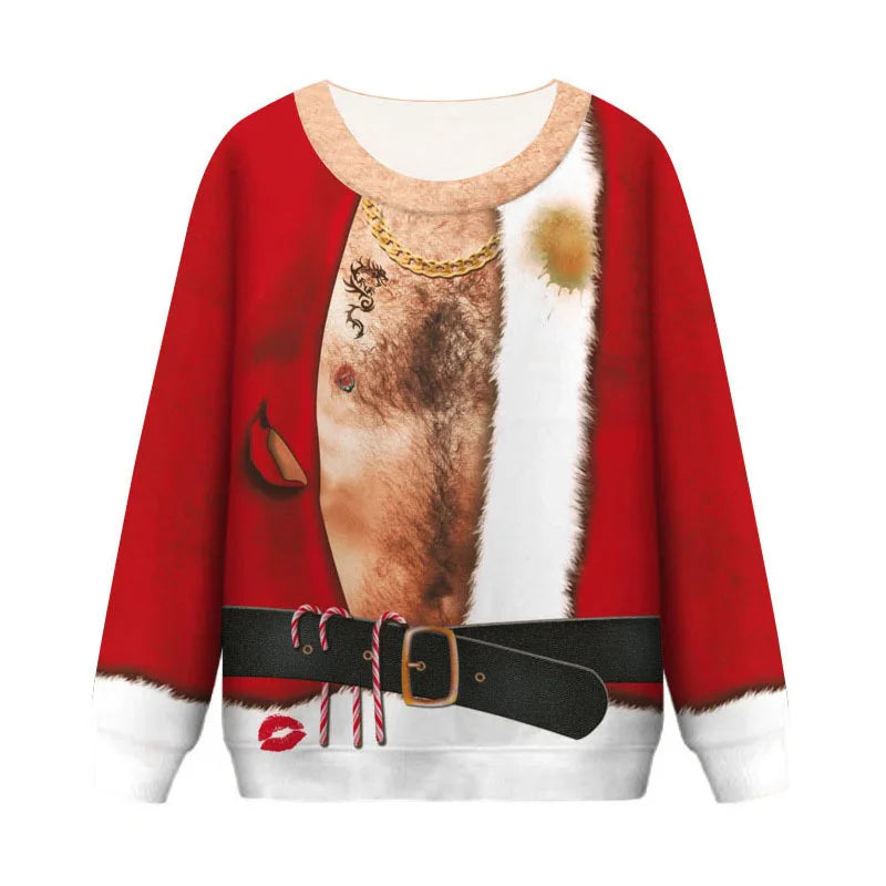Red Christmas sweater with a humorous print of Santa’s open coat, revealing a hairy chest, gold chain, tattoo, lipstick mark, candy canes, and black belt detail.