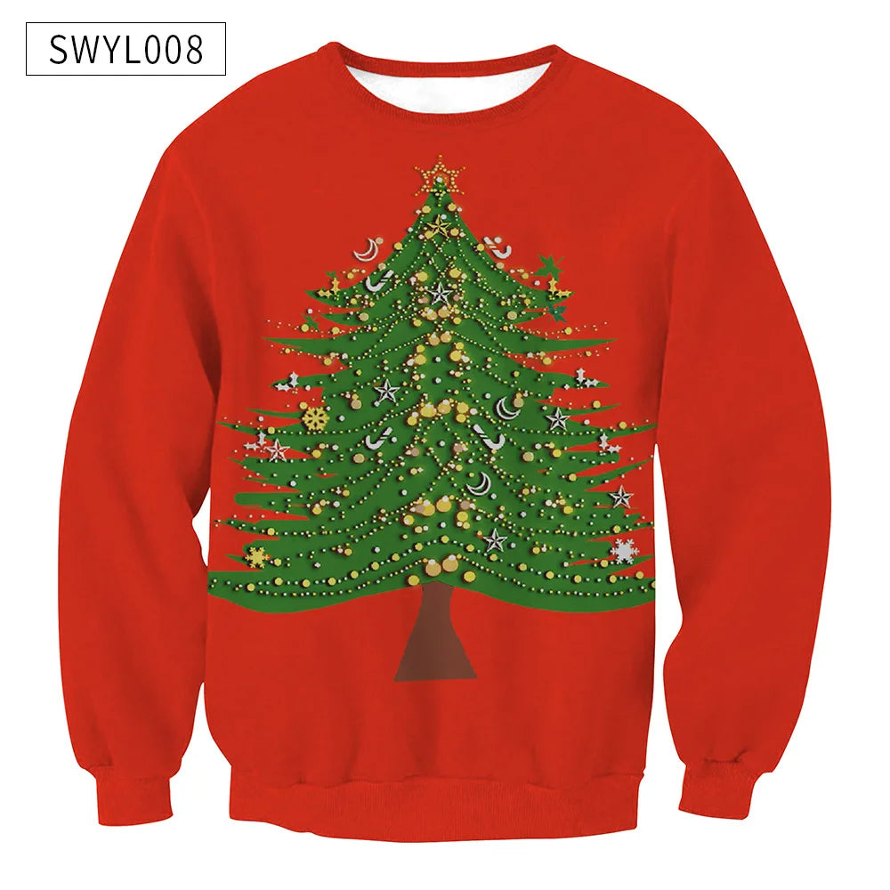 Red sweatshirt featuring a decorated Christmas tree design with gold and silver ornaments, stars, and crescent moons. The tree is adorned with garlands and topped with a star.