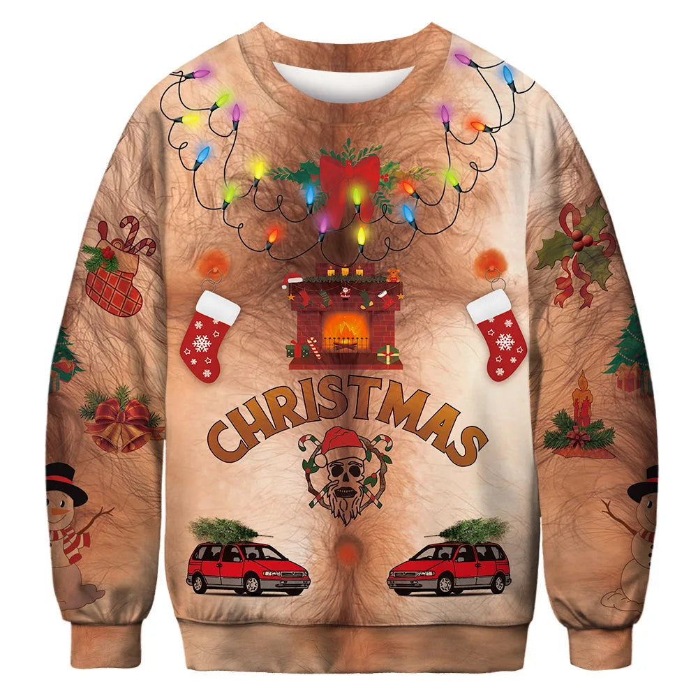 Novelty Christmas sweater with a hairy chest design featuring festive elements like lights, stockings, a fireplace, snowmen, cars, and "CHRISTMAS" text on the front.