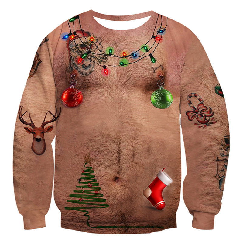 Novelty Christmas sweater with a hairy chest design, featuring festive tattoos, string lights, colorful baubles, a reindeer, and a stocking, creating a humorous holiday look.