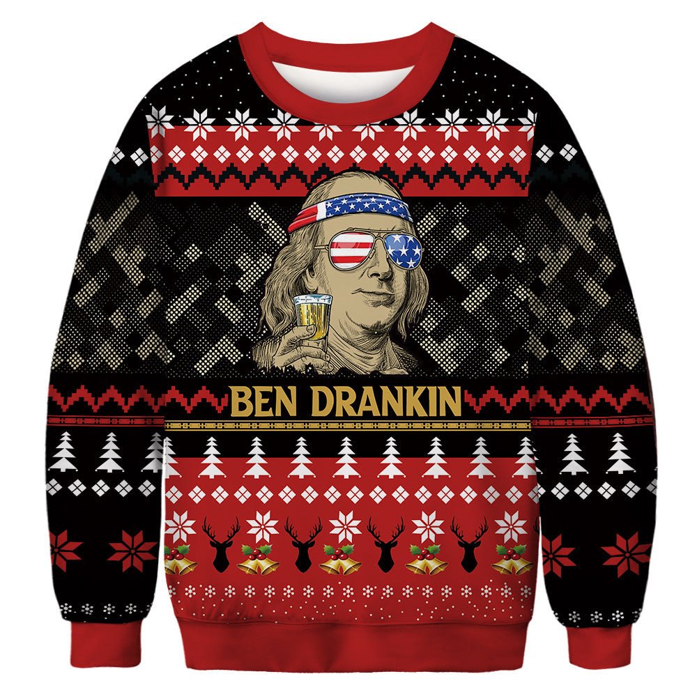 Christmas sweater featuring a caricature holding a beer, wearing USA-themed sunglasses and headband. "Ben Drankin" text with festive patterns, deer and tree motifs.