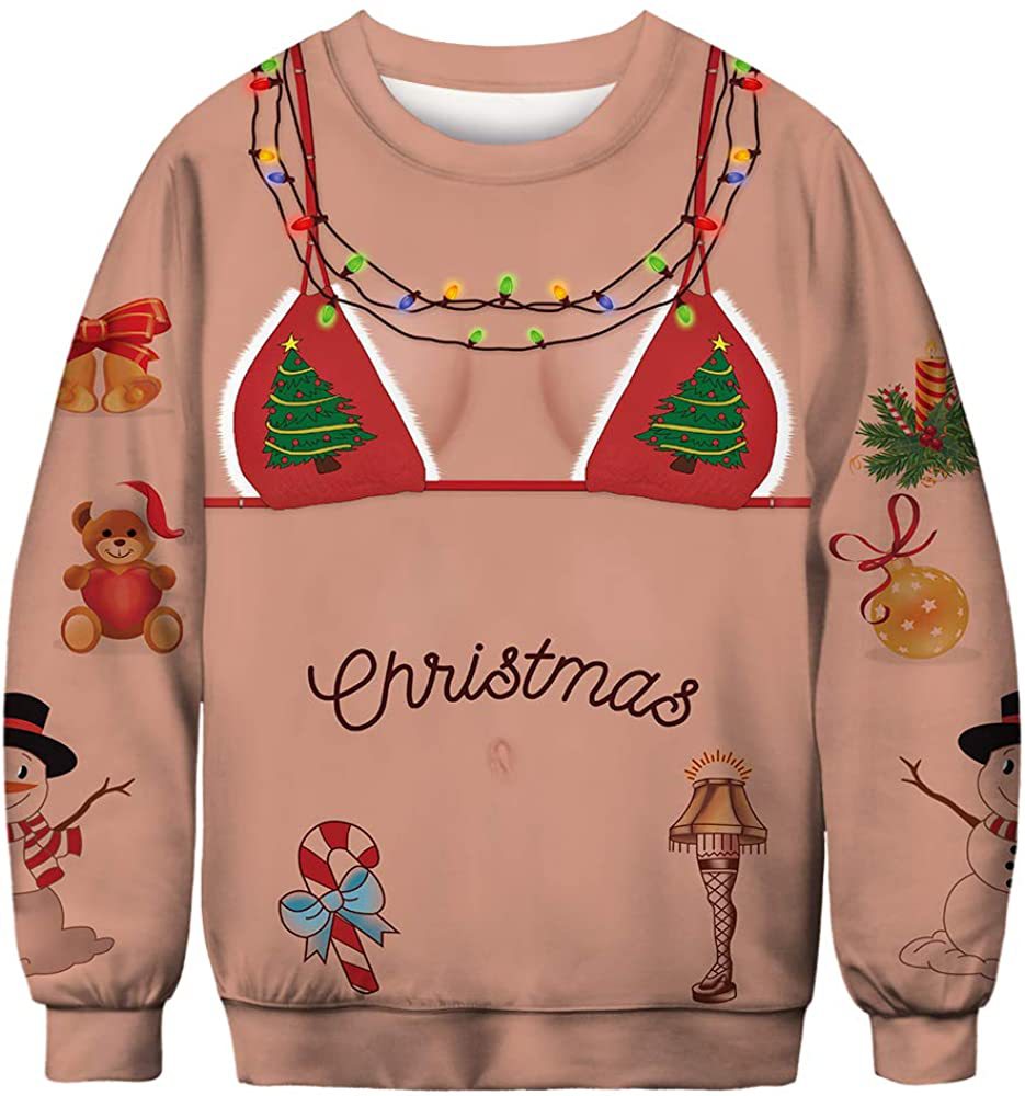 Novelty Christmas sweater with a bikini design featuring Christmas trees. Decorated with colorful lights, teddy bear, snowmen, candy cane, ornament, and a lamp with "Christmas" text.
