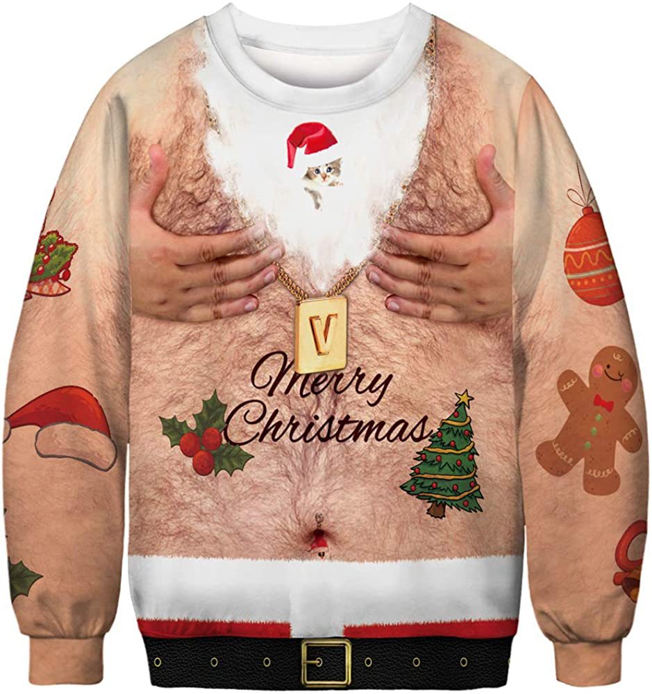 Novelty Christmas sweater featuring a design of a hairy chest with "Merry Christmas," a Santa hat-wearing kitten, holiday icons, and hands on the chest area.