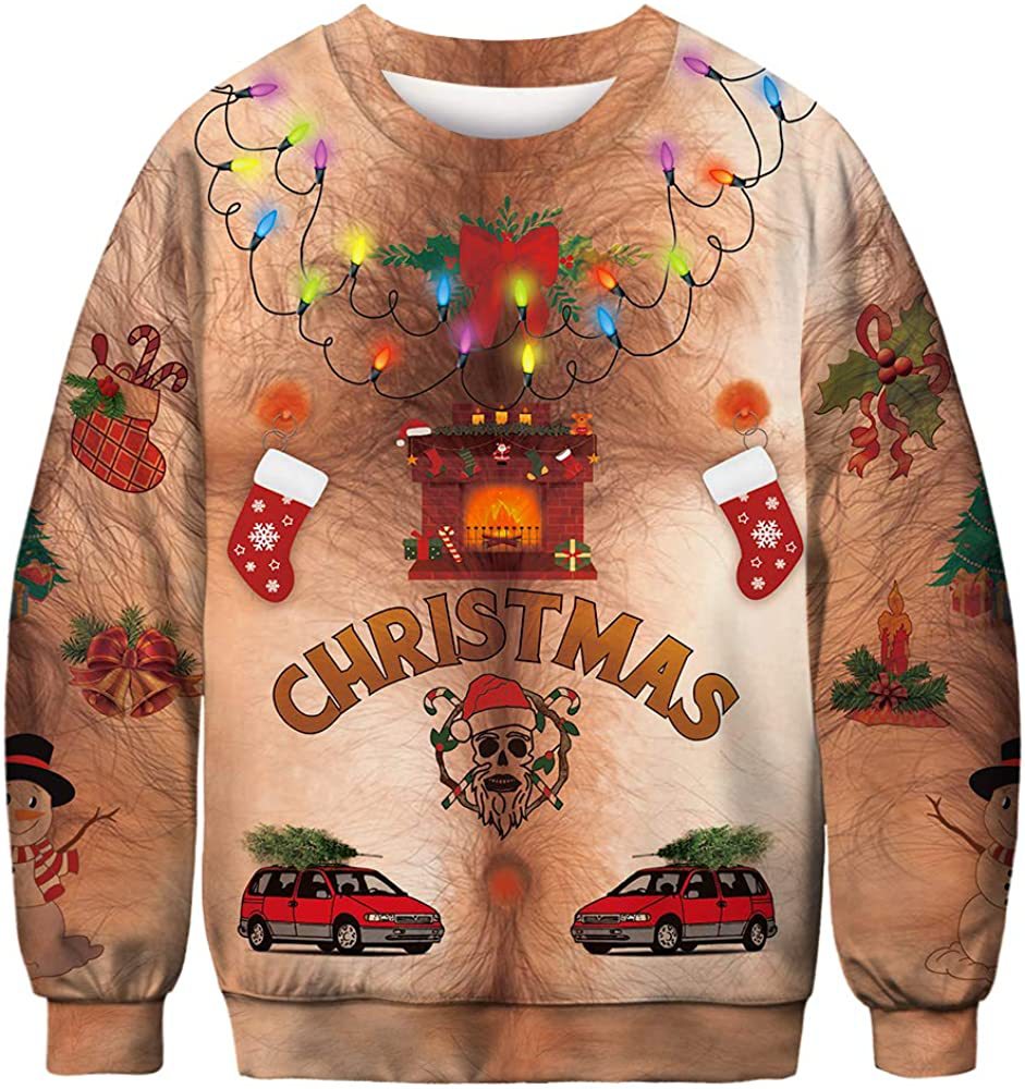 Christmas sweater with a hairy chest design, featuring a fireplace, lights, stockings, a skull with candy canes, two cars with trees, snowmen, and festive ornaments.
