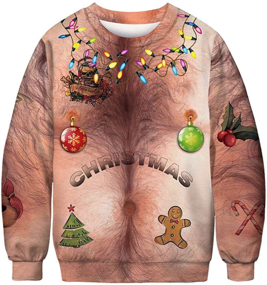 Festive sweater designed to resemble a hairy chest with tattoos, featuring Christmas decorations like lights and ornaments, and gingerbread, tree, and holly motifs.