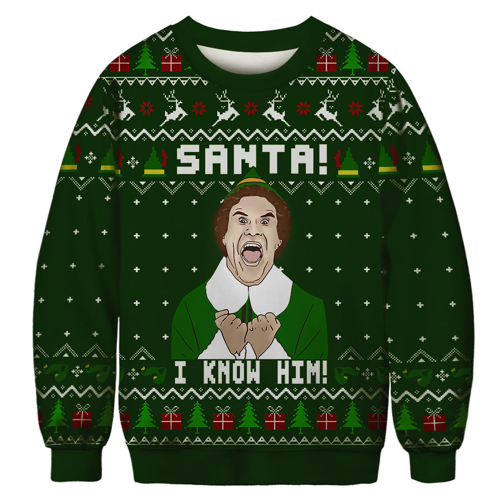 Green Christmas sweater with an excited character, reindeer, and gift patterns. Text reads "SANTA! I KNOW HIM!" featuring a holiday-themed design.