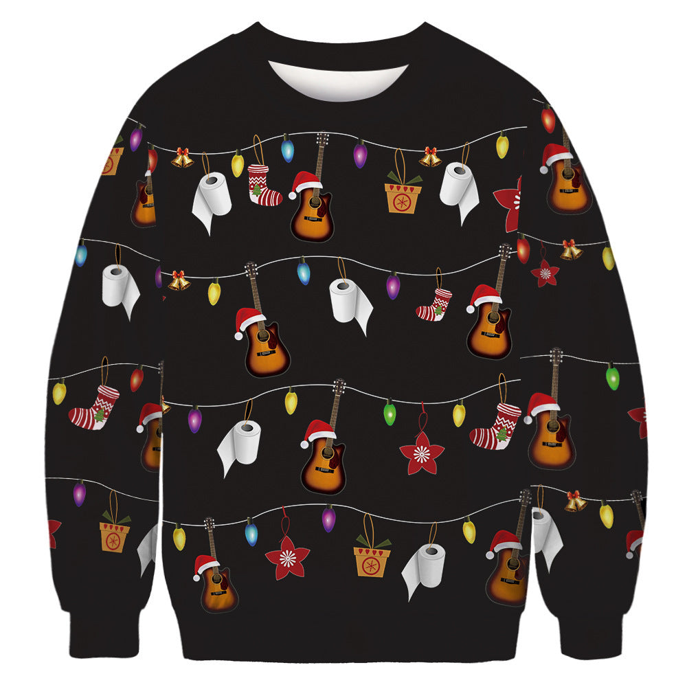 Black sweater with a festive pattern of guitars with Santa hats, colorful lights, toilet paper, red flowers, stockings, and gift boxes, linked by a string.