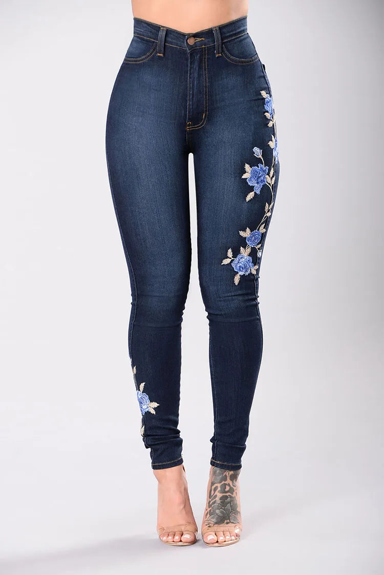 High Waist Slim Fit Embroidered Jeans 2024