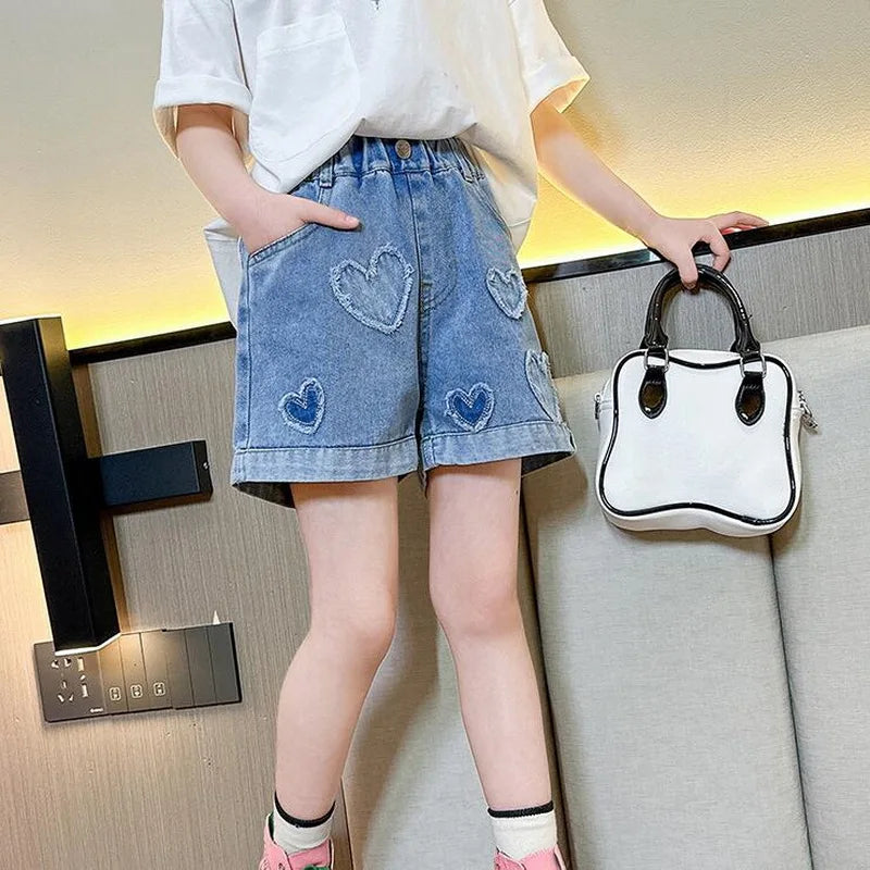 Girls Pearl Heart Denim Shorts