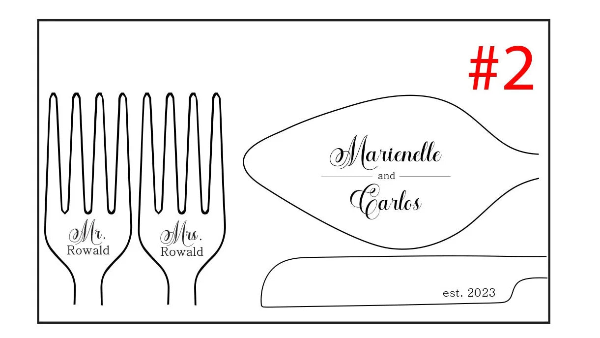 Illustration of two forks labeled "Mr. Rowald" and "Mrs. Rowald," alongside a decorative server with "Marienelle and Carlos," and a knife marked "est. 2023" with "#2" in red.