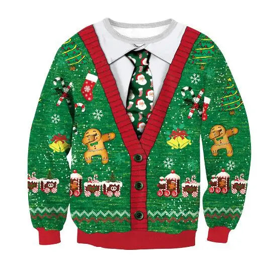 Festive green and red Christmas sweater with gingerbread men, candy canes, stockings, snowflakes, and bells. Features a fake shirt and tie design with Santa print.