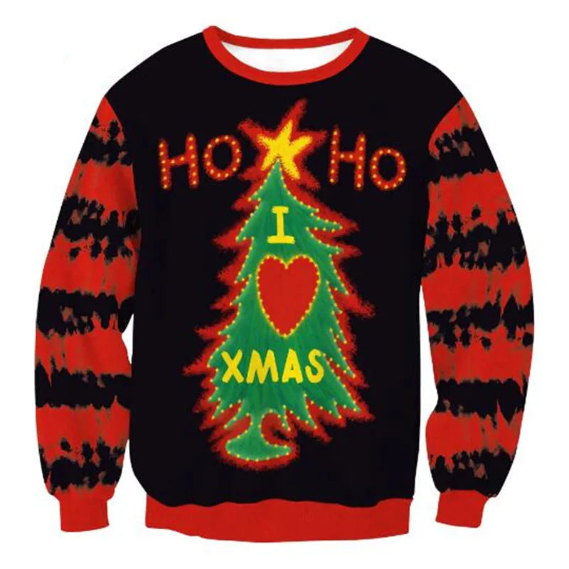 A festive sweater with a red and black pattern. It features a tree with "I ♥ Xmas" and "Ho Ho" above it, all in bright colors, with a red neckline and cuffs.