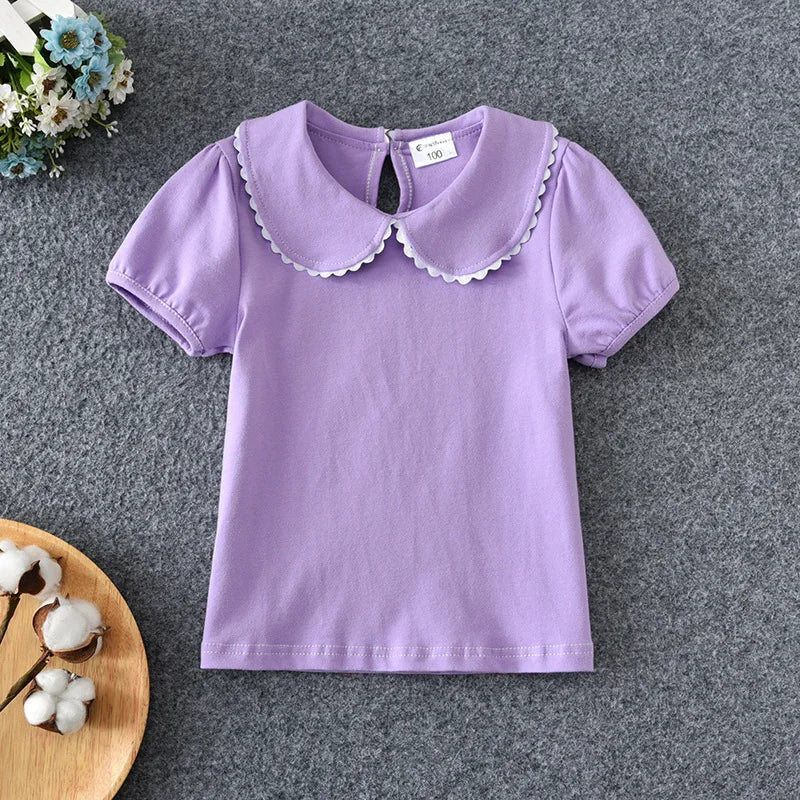 Summer Girls' Cotton T-shirt with Peter Pan Collar