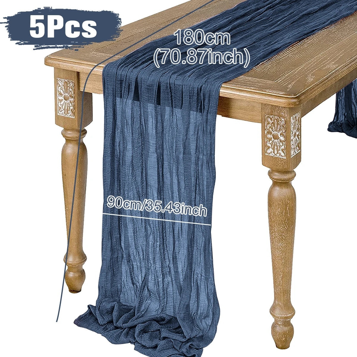 Blue table runner drapes over wooden table with carved floral details. Dimensions labeled: 180cm by 90cm. Text: "5Pcs." Drapes slightly touch the floor.