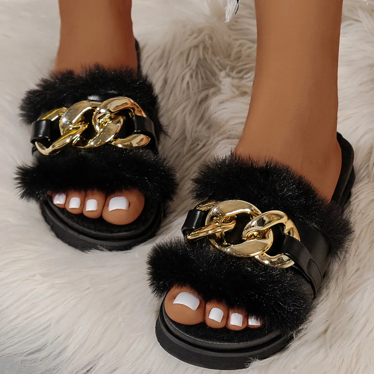 Metal Chain Mao Mao Winter Slippers