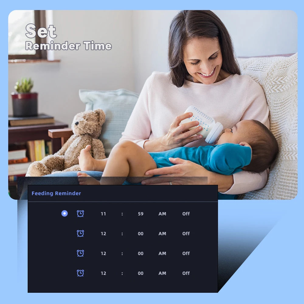 A woman smiles while bottle-feeding a baby on a couch. A teddy bear is beside them. The overlay shows a feeding reminder schedule with times set but turned off.