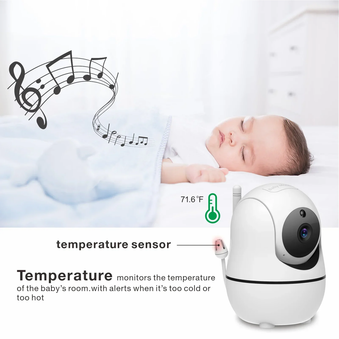 Baby sleeping peacefully with a blue blanket, surrounded by music notes. A temperature sensor shows 71.6°F, ensuring optimal room conditions with automatic alerts.