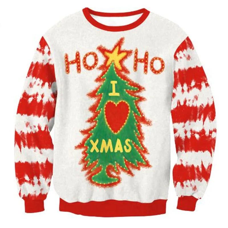Ugly Christmas sweater with "HO HO HO" at the top, a star-topped Christmas tree in the center with "I ♥ XMAS" text, and red and white striped sleeves.