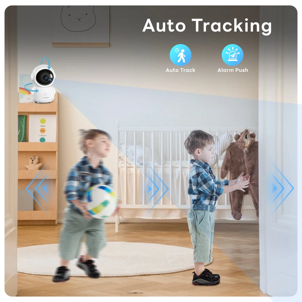 A small child in a plaid shirt and green pants plays with a ball in a nursery. A baby monitor with auto-tracking and alarm push features is visible above.