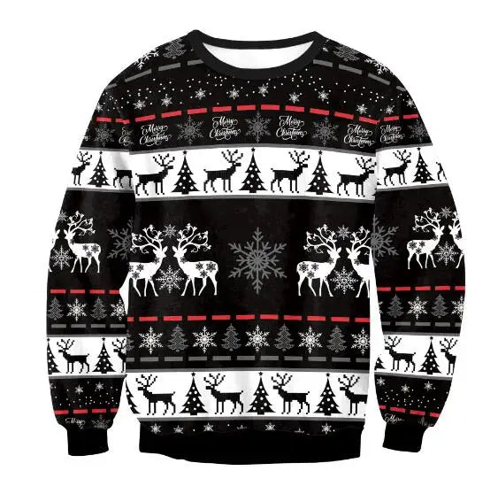 Black and white Christmas sweater with reindeer, snowflakes, and tree patterns. Red accents and "Merry Christmas" text appear throughout the festive design.