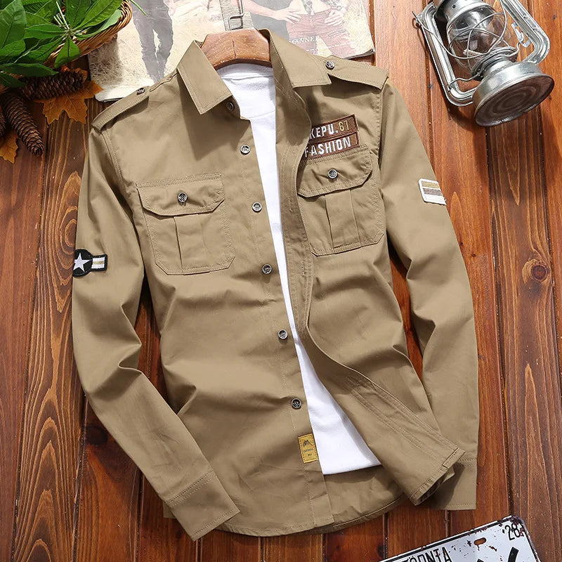 Men's Military Cotton Shirt - Khaki Slim Fit