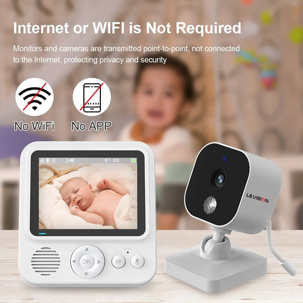 Baby monitor setup with a camera and display showing a sleeping baby. Text states "Internet or WiFi is Not Required," highlighting privacy with "No WiFi" and "No App" icons.