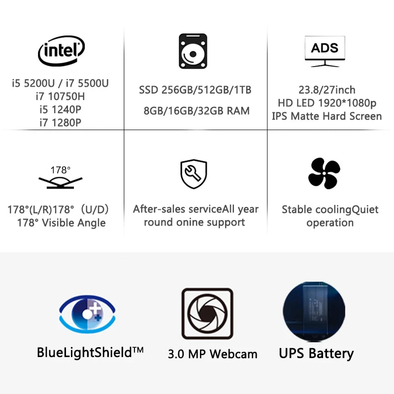 24-Inch All-in-One Computer Core i3 8GB RAM 512GB SSD with UPS