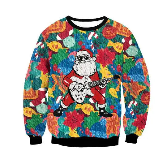 Festive sweater featuring Santa Claus playing an electric guitar. Background includes colorful leaves, candy canes, and ornaments, creating a vibrant holiday theme.