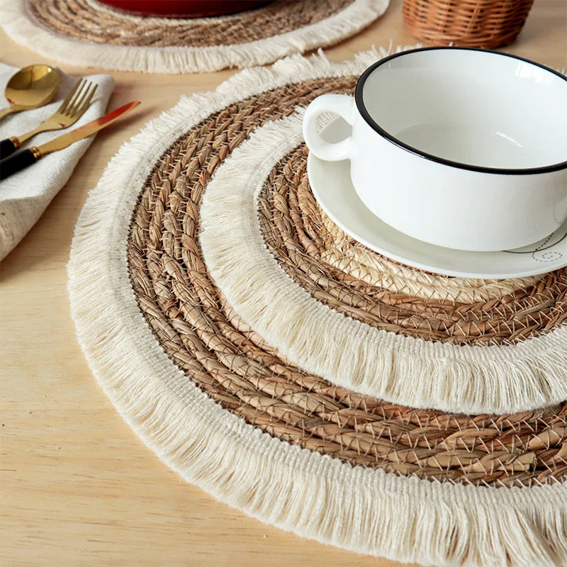 Round Wicker Tassel Placemat - Natural Rattan Weave