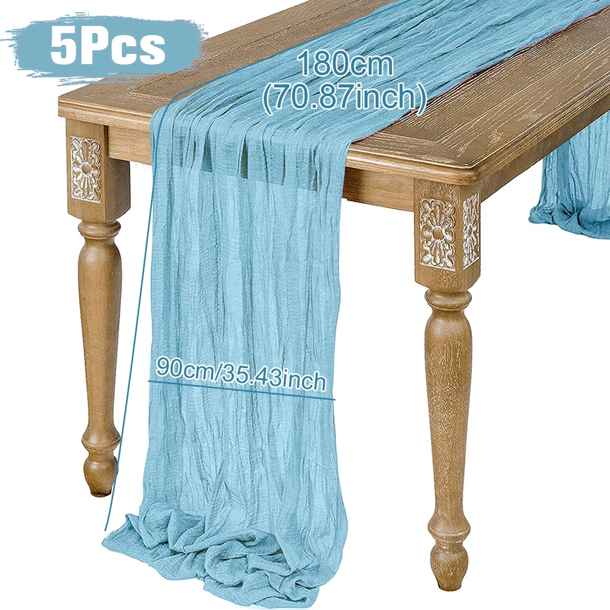 Blue gauze table runner measuring 180cm by 90cm draped over a wooden table with decorative carvings. Text "5Pcs" displayed in the top left corner.