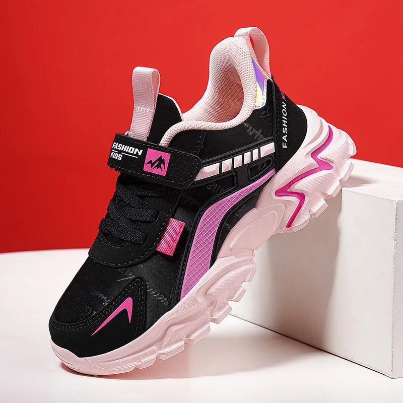 Girls Pink PU Leather Sports Sneakers