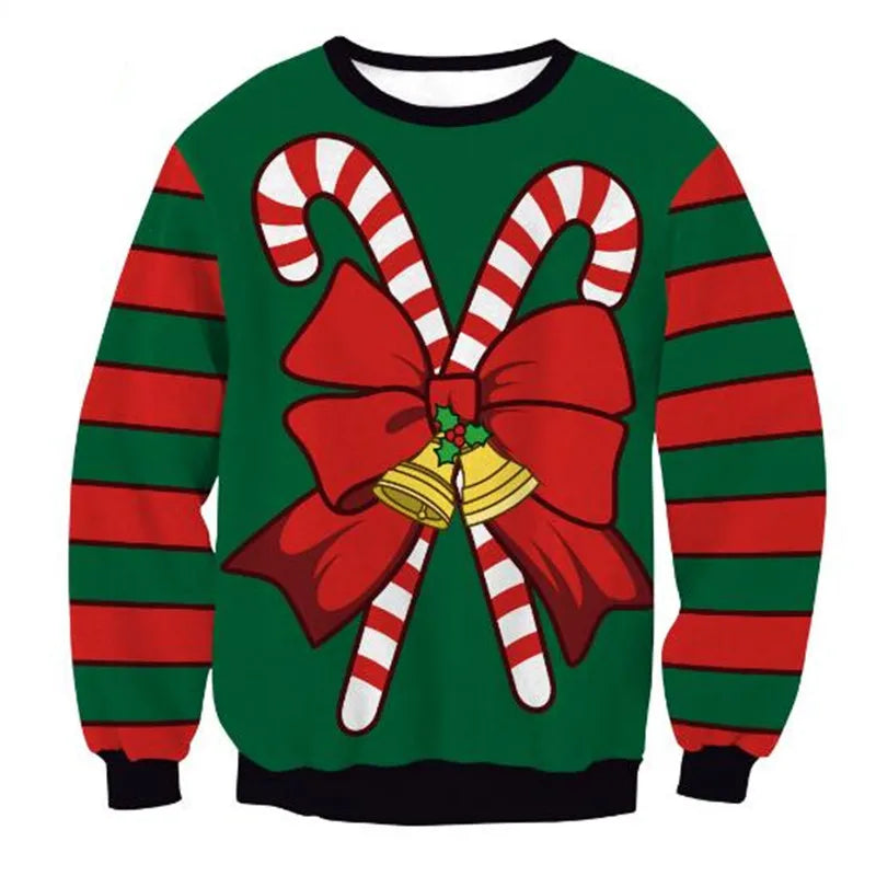Festive sweater with green and red stripes, featuring crossed candy canes, a large red bow, and gold bells at the center.