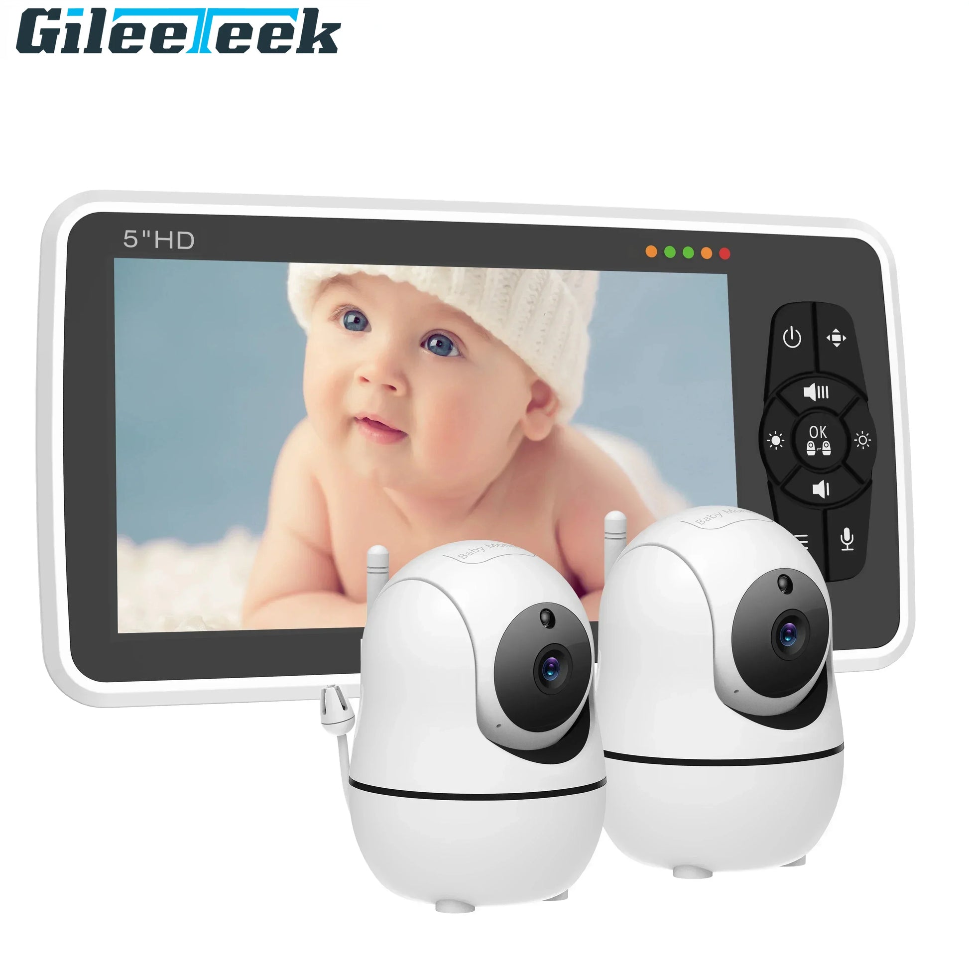 A baby monitor system with a 5-inch HD screen displaying a baby in a white hat. Two white, round, wireless cameras sit in front of the screen.