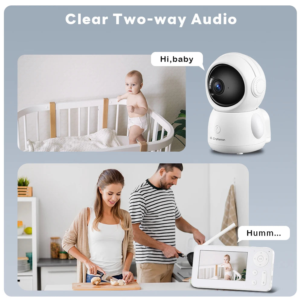 Baby monitor with camera showing a baby in a crib, labeled "Hi, baby". Below, parents in a kitchen see the baby on a handheld screen, captioned "Humm...". Text reads "Clear Two-way Audio".