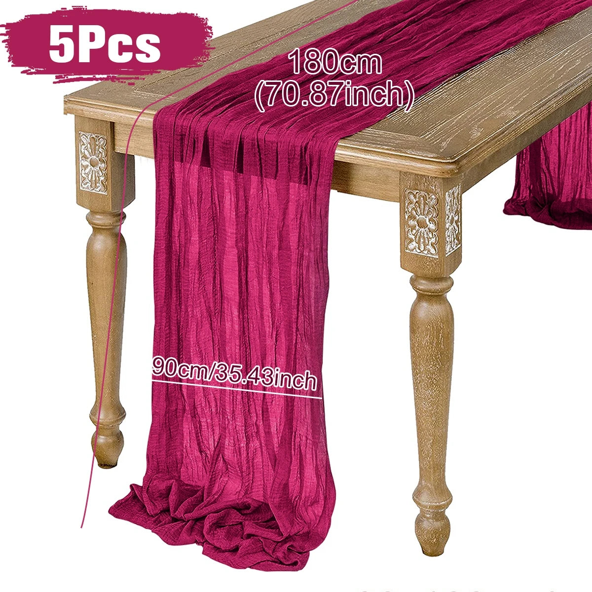 Five pieces of wine red table runners, measuring 180 cm (70.87 inches) long and 90 cm (35.43 inches) wide, draped over a decorative wooden table.
