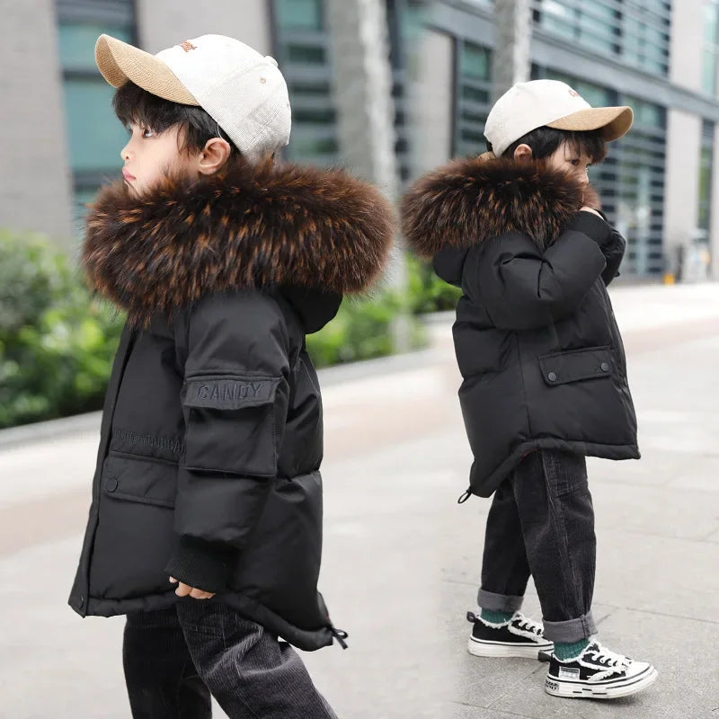 Winter Kids Down Jacket with Big Fur Collar