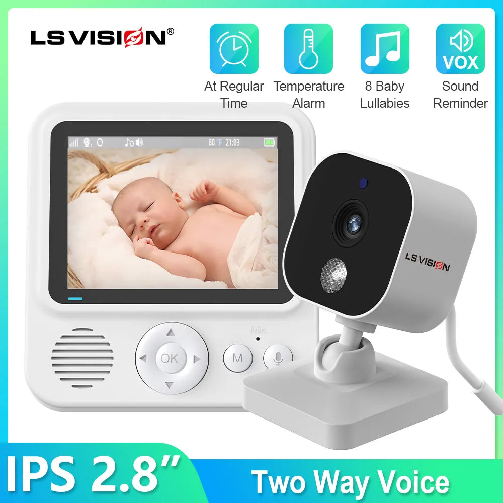 Baby monitor with camera showing a sleeping baby on a 2.8-inch screen. Features include temperature alarm, lullabies, voice reminders, and two-way voice communication.