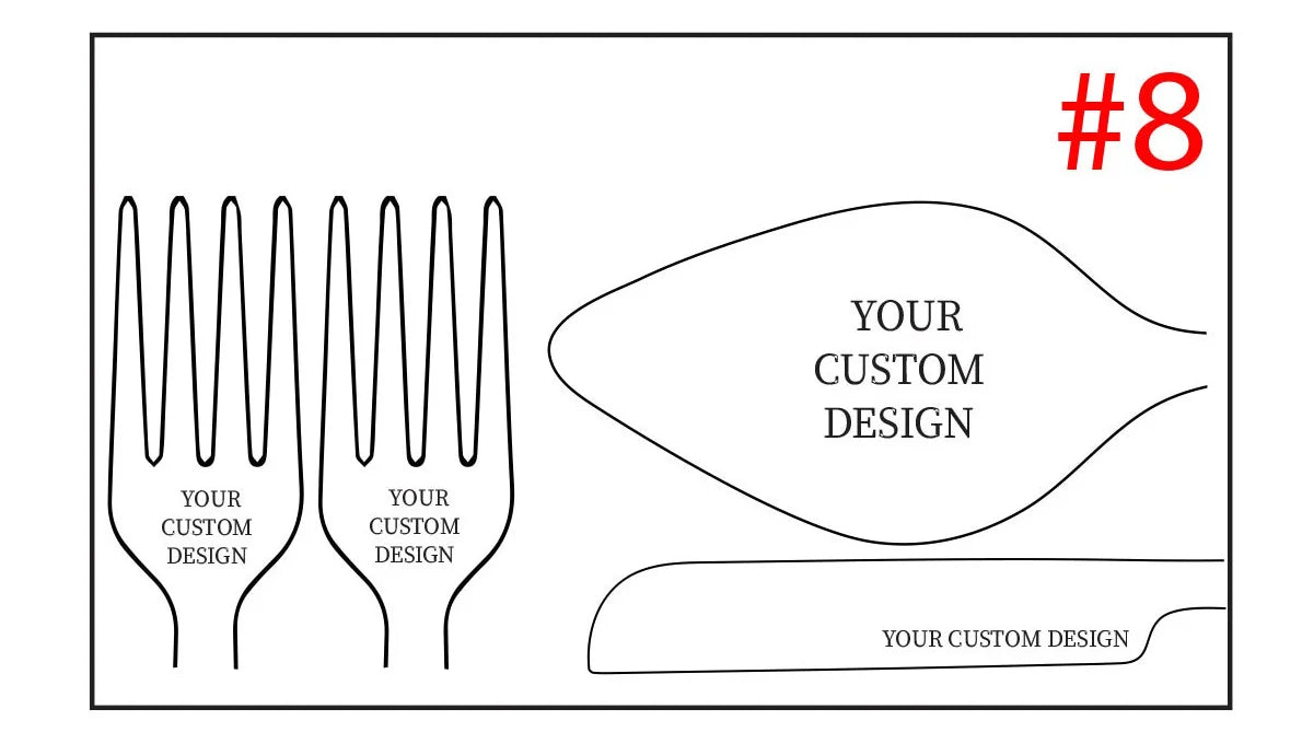 Outline of cutlery set design labeled "#8" with placeholders for custom text on two forks, a spoon, and a knife. Each piece features the words "YOUR CUSTOM DESIGN."
