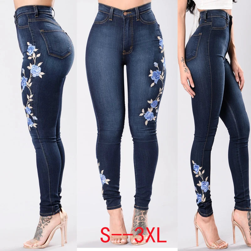 High Waist Slim Fit Embroidered Jeans 2024