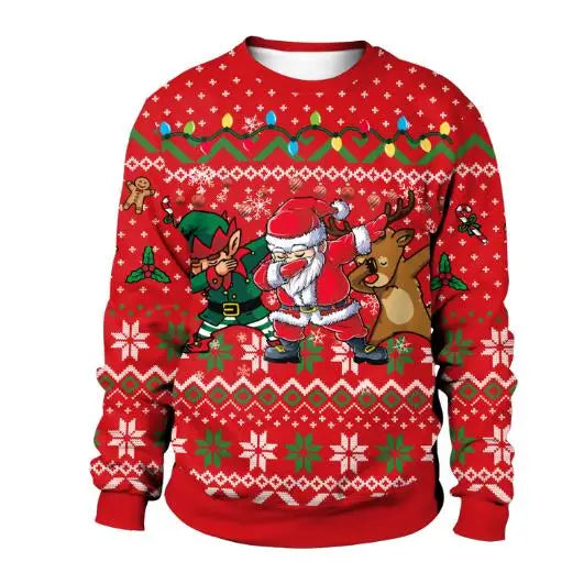Red festive sweater with Santa dabbing between a cheerful elf and reindeer. Snowflakes, gingerbread, and festive patterns decorate the background, creating a joyful holiday scene.