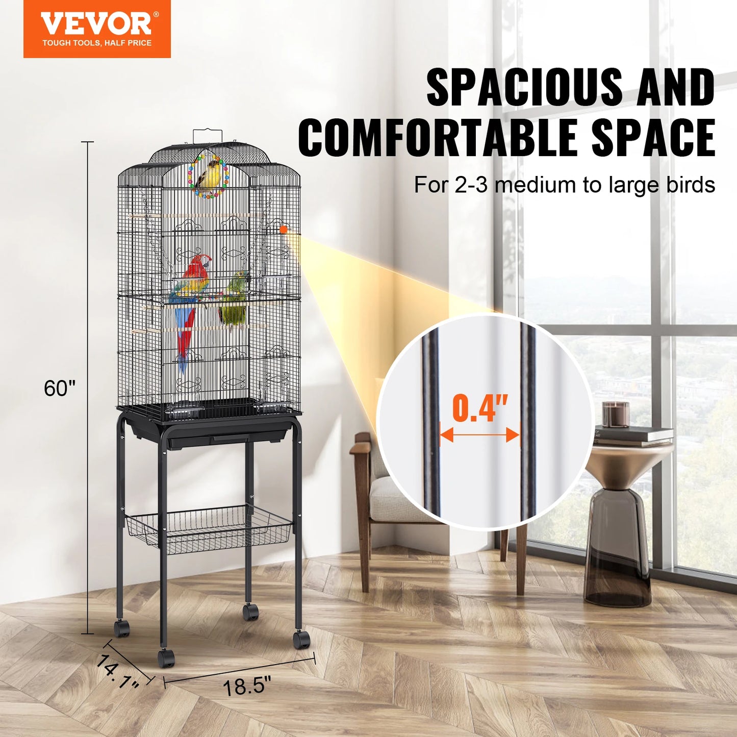 60-inch Bird Aviary Flight Cage with Rolling Stand and Toys